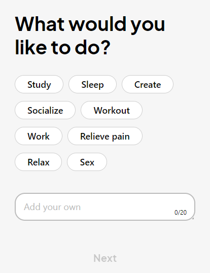 The activity list in the Lezel app, with an “Add your own” field below the default activities