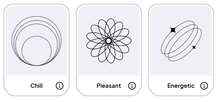 Three feeling choices in the app: Chill, Pleasant and Energetic, each with its own symbol