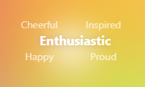 A selected feeling, “Enthusiastic”, surrounded by nearby feelings: Cheerful, Inspired, Happy, Proud